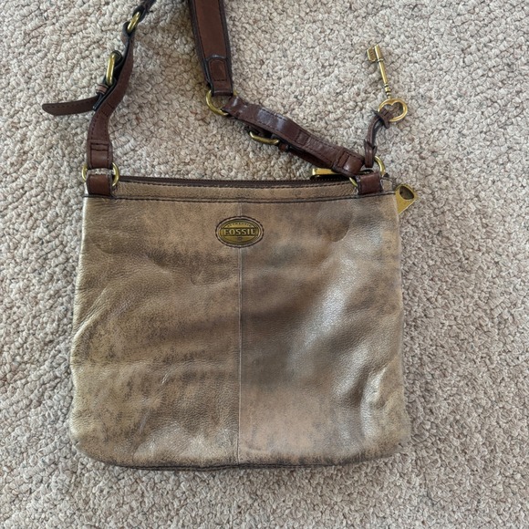 Fossil Handbags - Fossil Crossbody Bag Brown Distressed Leather Metallic Faded Vintage‎ Style Bag
